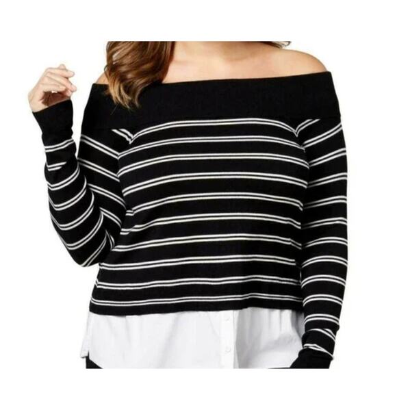 INC International Concepts B/W Striped Off Shoulder Layered Sweater Shirt, Sz L - Picture 10 of 10